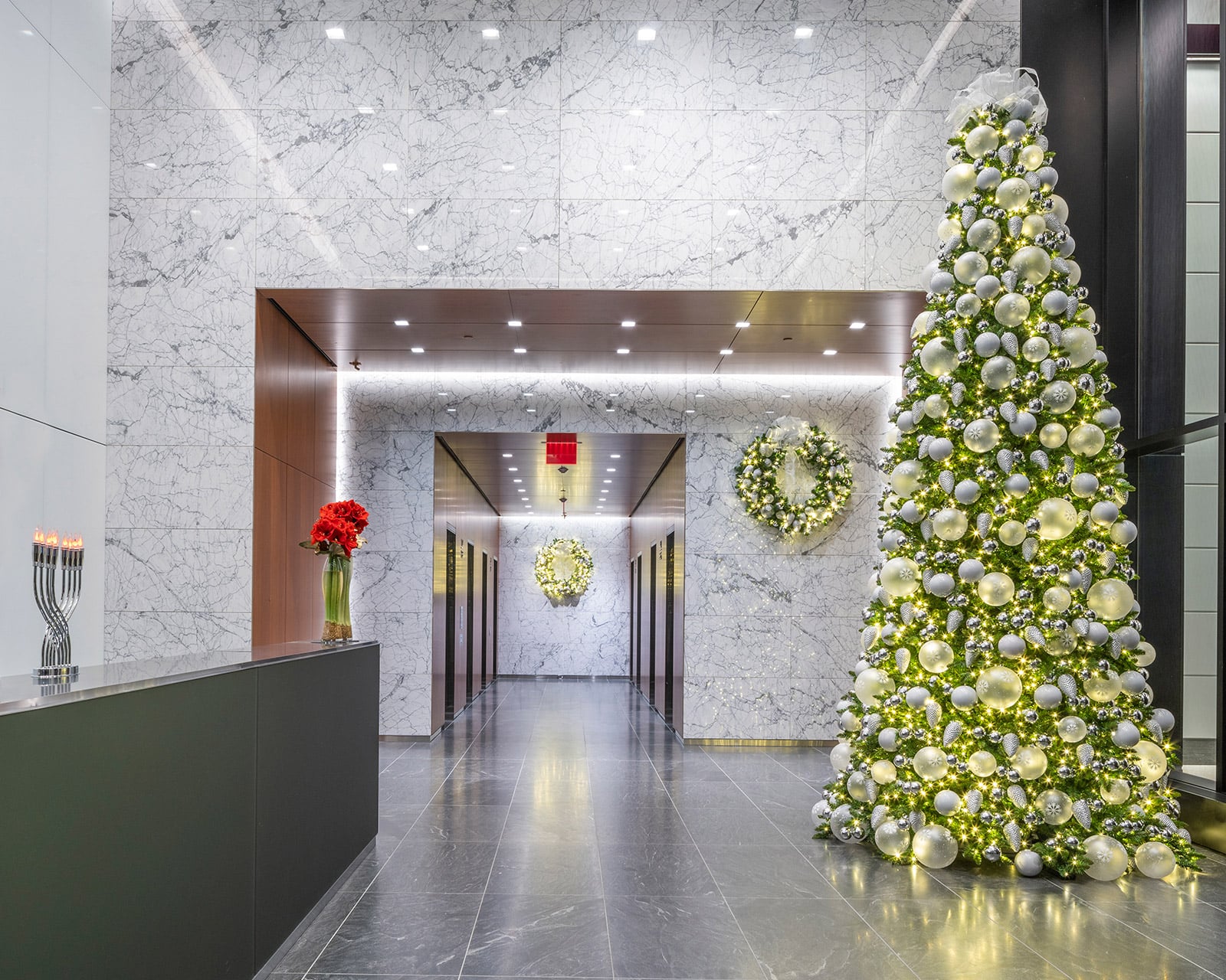 Cambridge office lobby Christmas tree decor in Jersey City